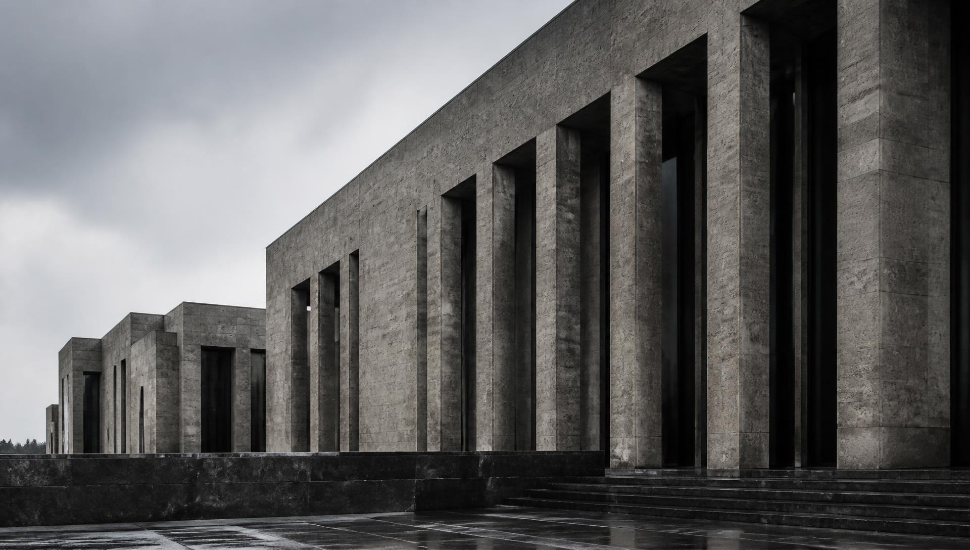 Monumental stone institutional facade under overcast light