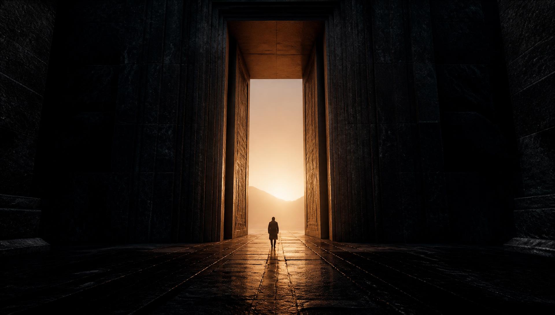 An empty stone threshold lit from beyond