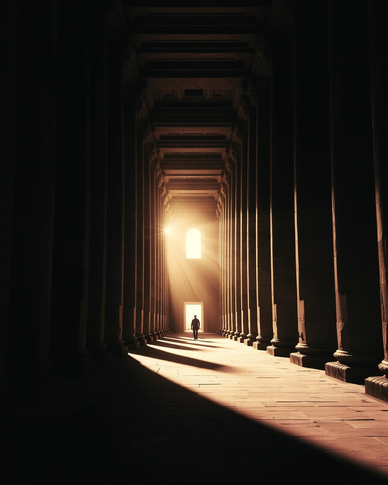 Stone columns becoming larger. The student moving farther into the light.