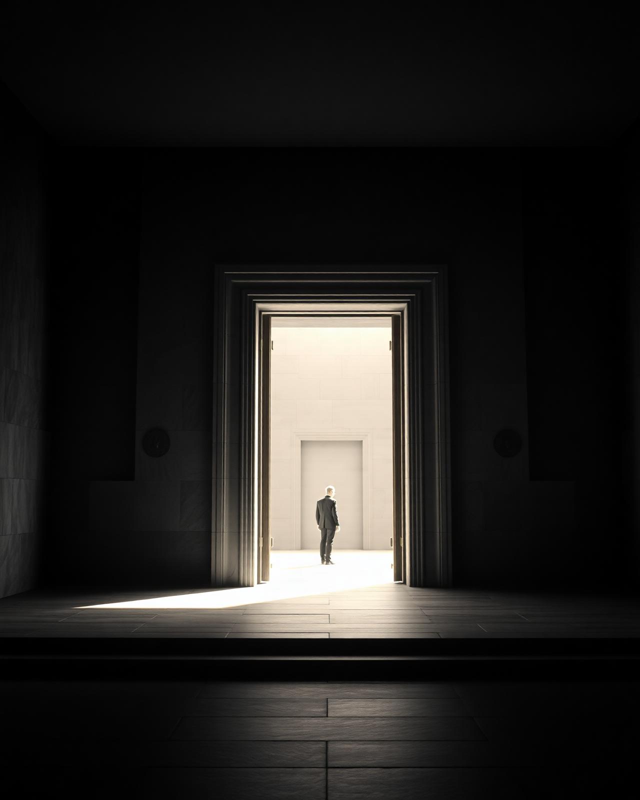 A lone figure stepping through a monumental stone doorway