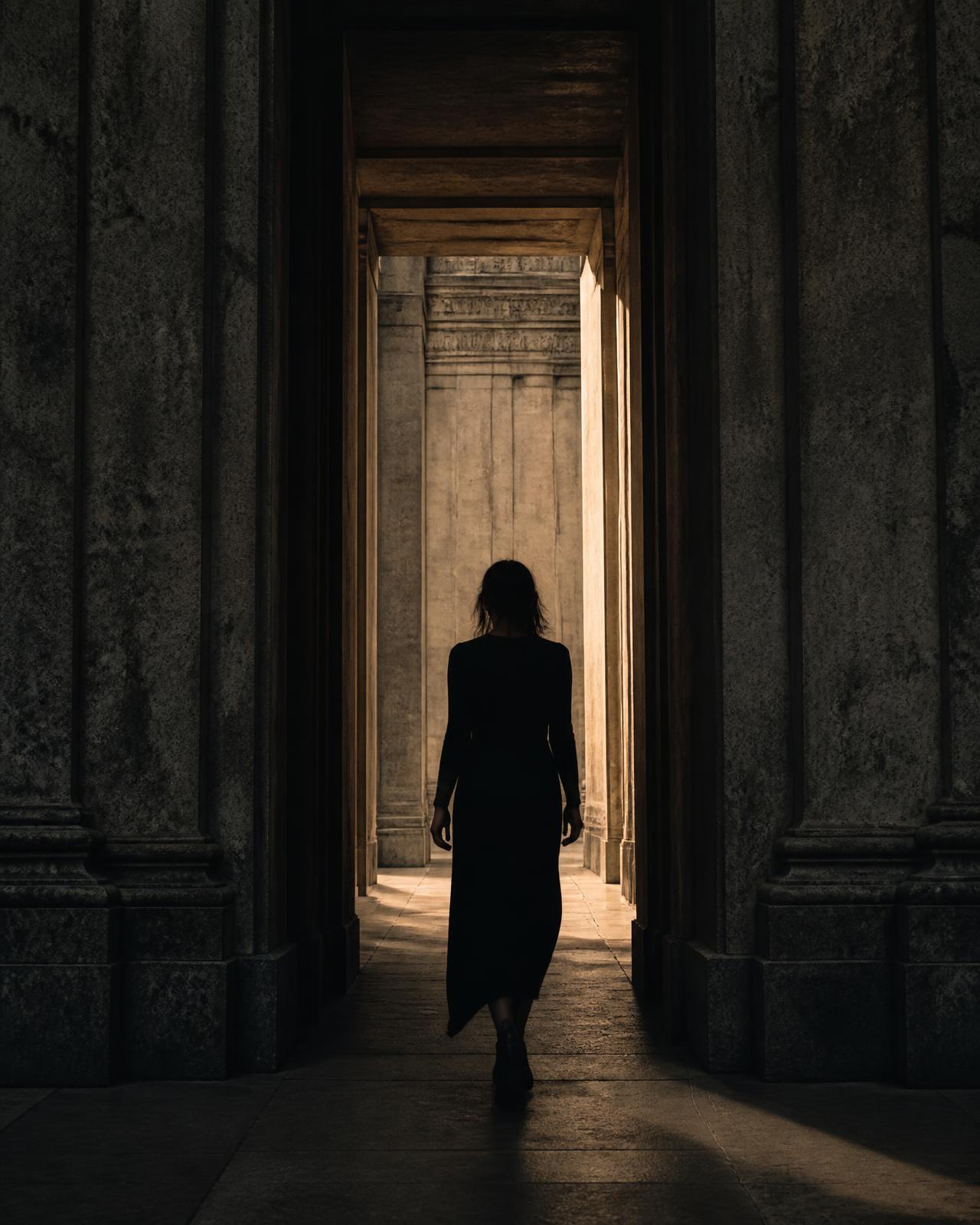 A person in silhouette walking through a stone colonnade toward warm light