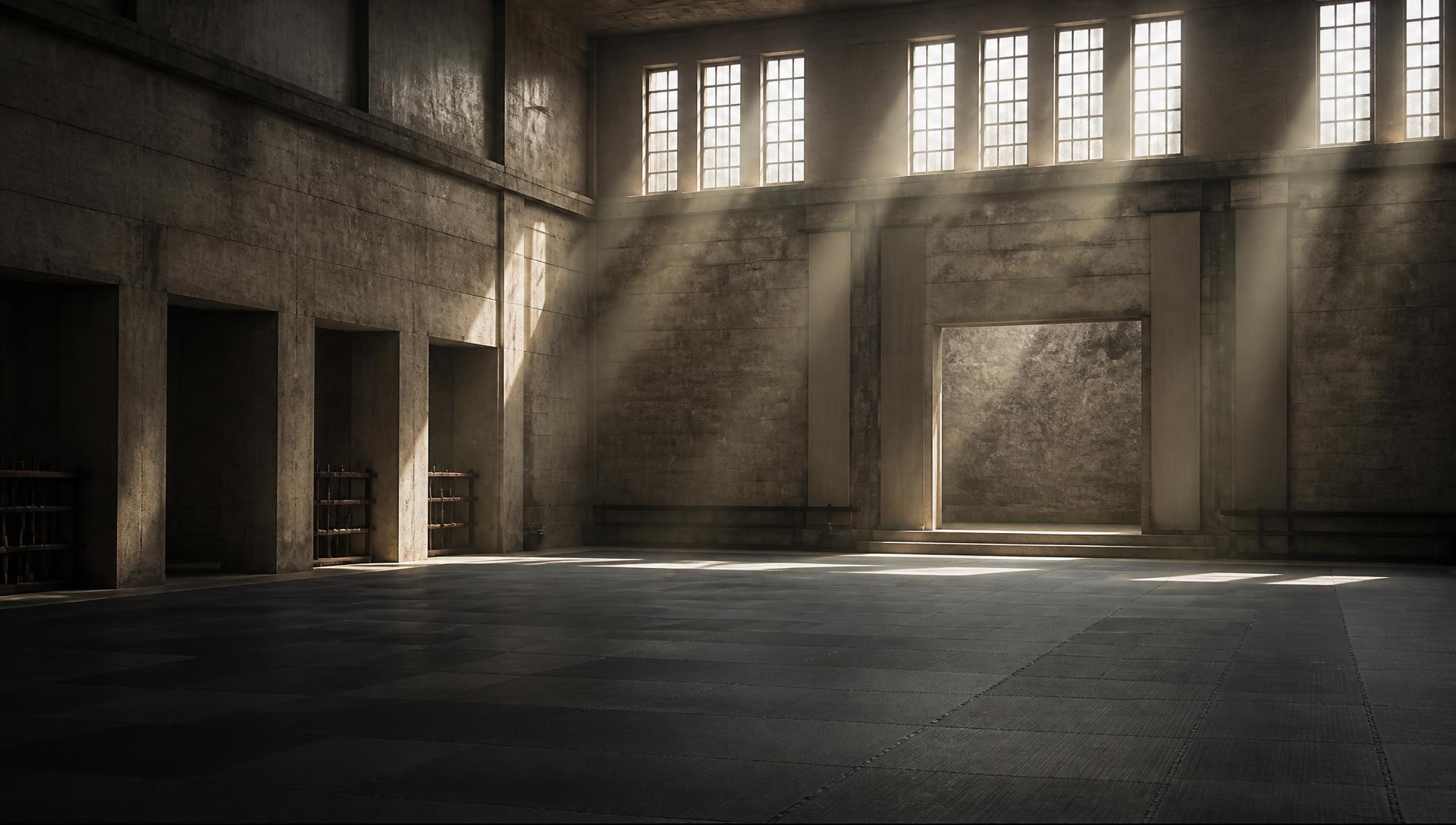An empty institutional training hall lit by high clerestory windows
